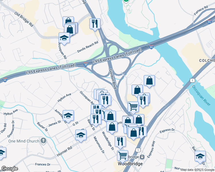 map of restaurants, bars, coffee shops, grocery stores, and more near 1201 Fox Run Place in Woodbridge