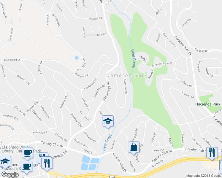 map of restaurants, bars, coffee shops, grocery stores, and more near 3605 Cambridge Road in Cameron Park