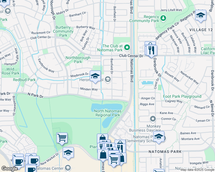 map of restaurants, bars, coffee shops, grocery stores, and more near 5151 Banfield Drive in Sacramento