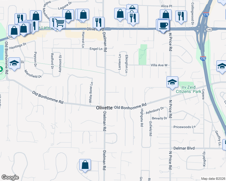 map of restaurants, bars, coffee shops, grocery stores, and more near 16 Fairwinds Court in Olivette