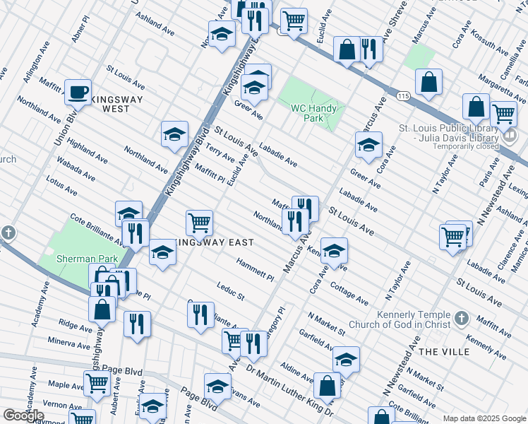 map of restaurants, bars, coffee shops, grocery stores, and more near 4807 Northland Avenue in St. Louis