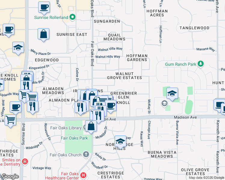 map of restaurants, bars, coffee shops, grocery stores, and more near 8138 Deseret Avenue in Fair Oaks