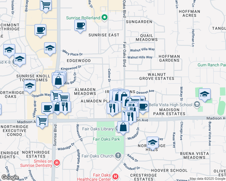 map of restaurants, bars, coffee shops, grocery stores, and more near 5519 Mike Arthur Court in Citrus Heights