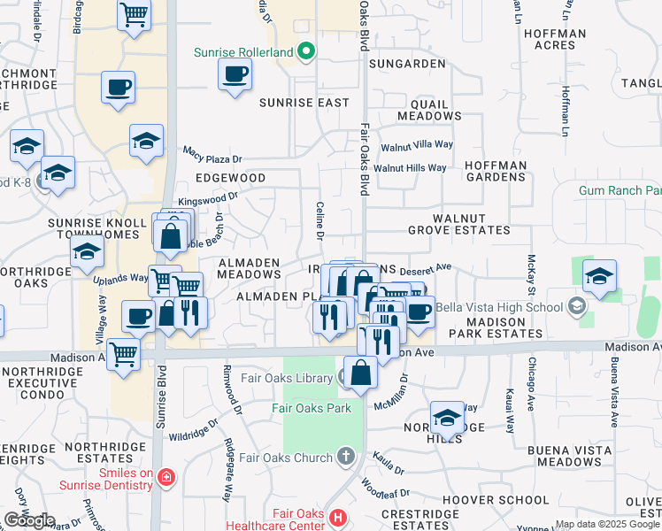 map of restaurants, bars, coffee shops, grocery stores, and more near 5524 Mike Arthur Court in Citrus Heights