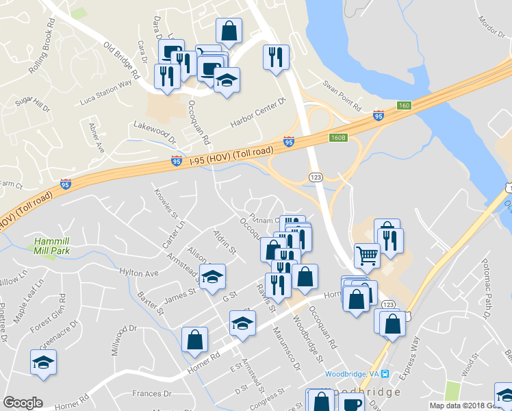 map of restaurants, bars, coffee shops, grocery stores, and more near 13118 Vineyard Way in Woodbridge