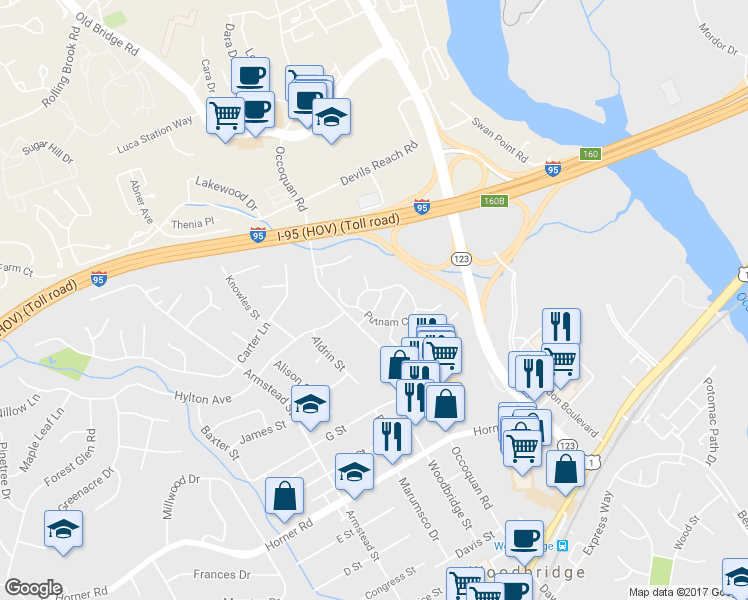 map of restaurants, bars, coffee shops, grocery stores, and more near 13118 Vineyard Way in Woodbridge