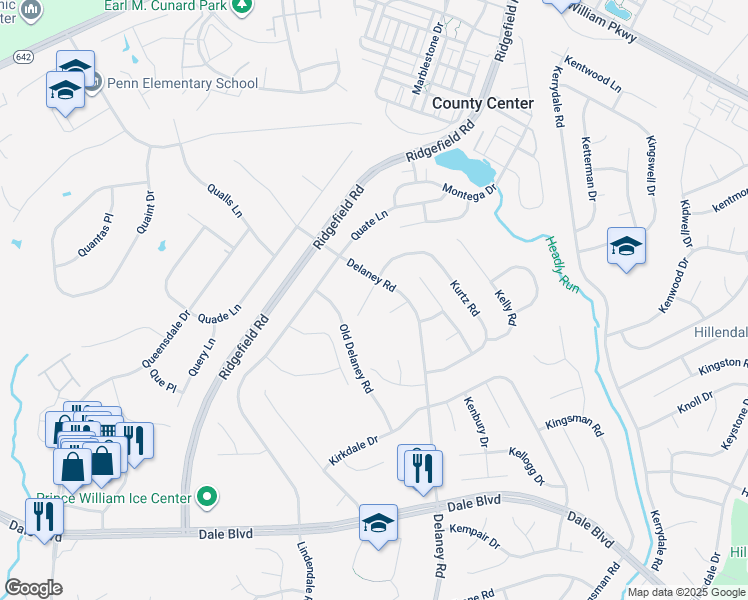 map of restaurants, bars, coffee shops, grocery stores, and more near 13110 Kurtz Road in Woodbridge