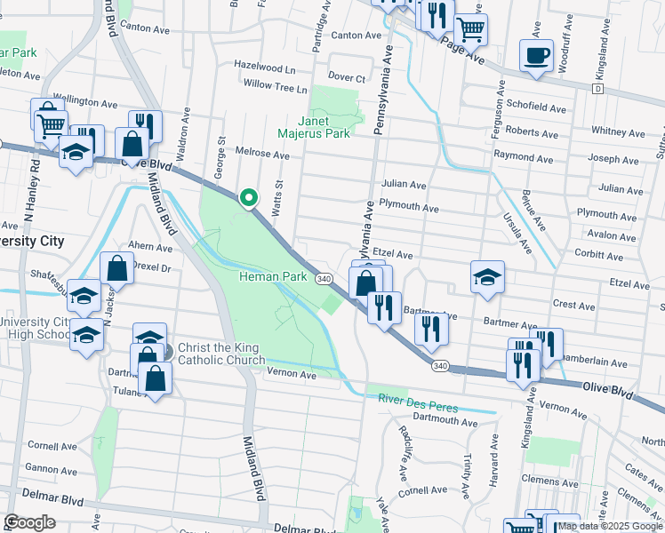 map of restaurants, bars, coffee shops, grocery stores, and more near 7055 Olive Boulevard in University City