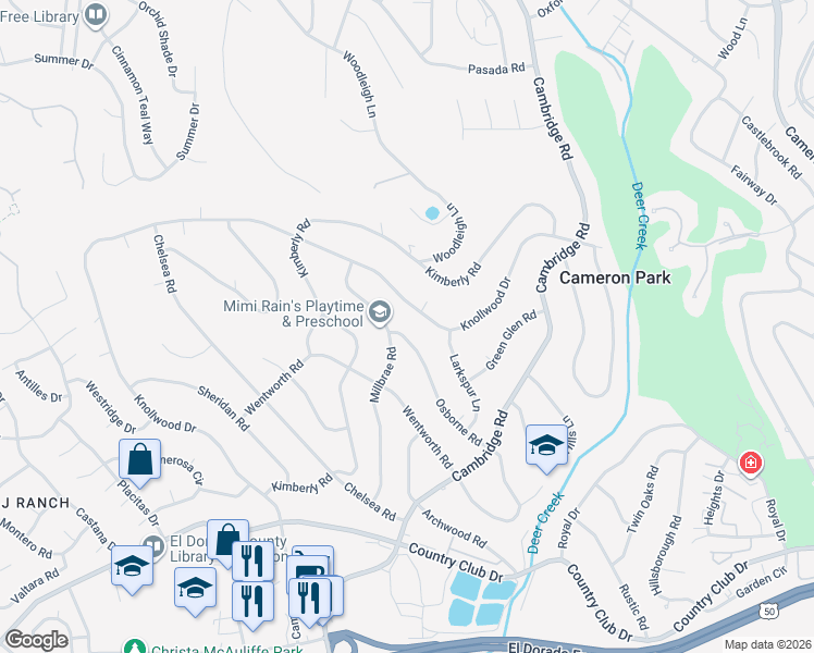 map of restaurants, bars, coffee shops, grocery stores, and more near 3677 Millbrae Road in Cameron Park
