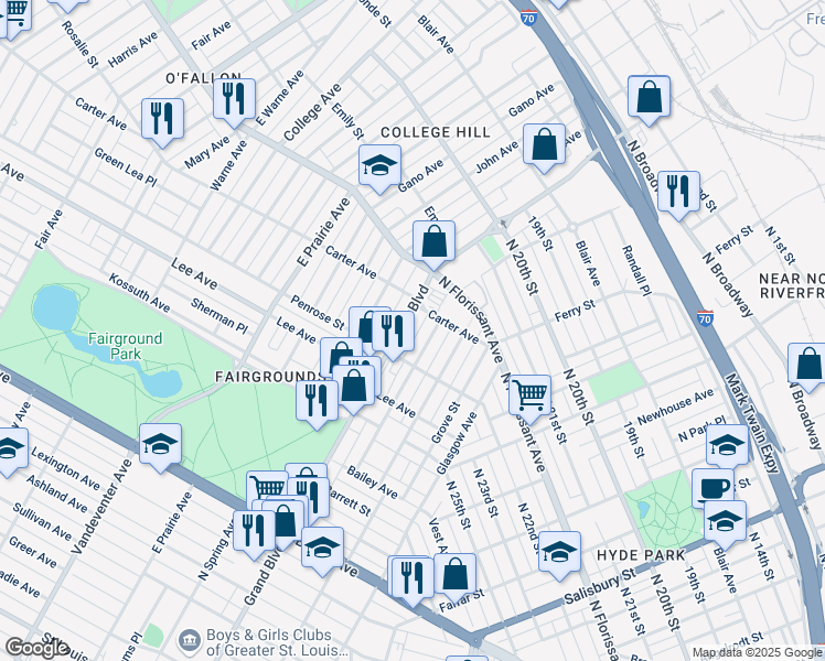 map of restaurants, bars, coffee shops, grocery stores, and more near 4231 Peck Street in St. Louis