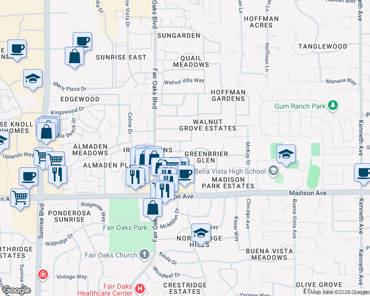map of restaurants, bars, coffee shops, grocery stores, and more near 8138 Deseret Avenue in Fair Oaks