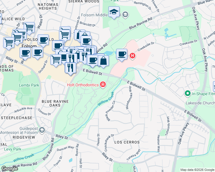 map of restaurants, bars, coffee shops, grocery stores, and more near 1574 Creekside Drive in Folsom