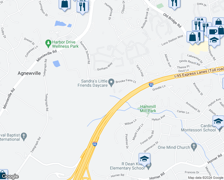 map of restaurants, bars, coffee shops, grocery stores, and more near 13142 Drew Hunt Court in Woodbridge