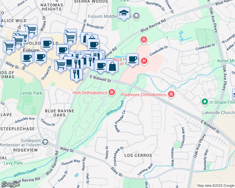 map of restaurants, bars, coffee shops, grocery stores, and more near 1574 Creekside Drive in Folsom