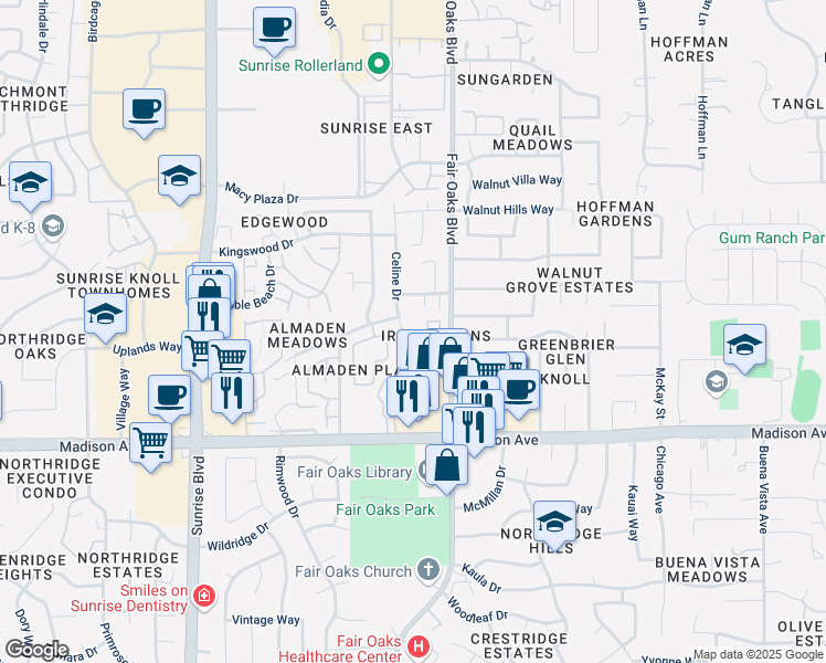 map of restaurants, bars, coffee shops, grocery stores, and more near 5528 Sequoia Circle in Citrus Heights