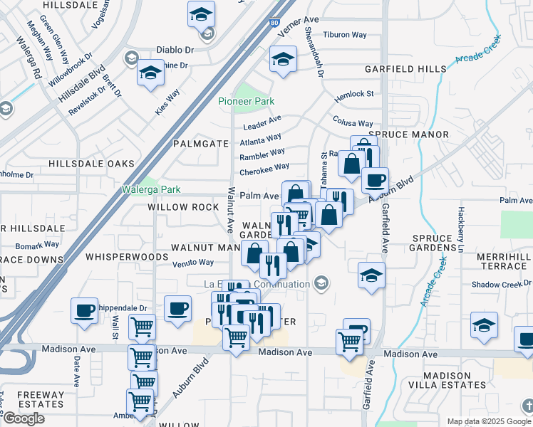 map of restaurants, bars, coffee shops, grocery stores, and more near 5518 Shaver Court in Sacramento