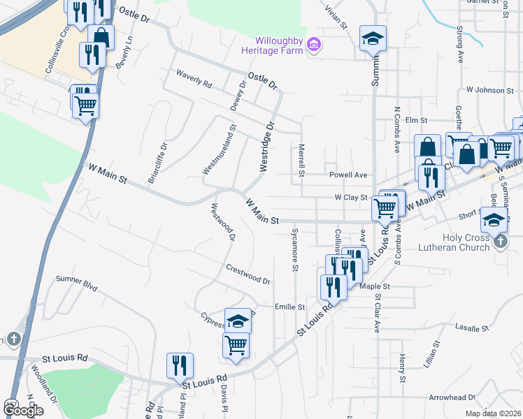 map of restaurants, bars, coffee shops, grocery stores, and more near 1301 West Main Street in Collinsville
