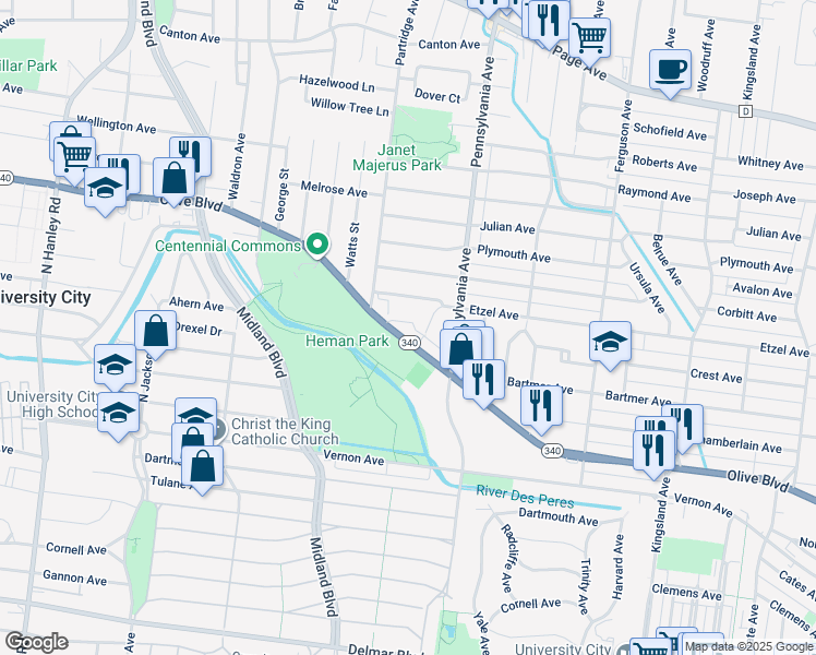 map of restaurants, bars, coffee shops, grocery stores, and more near 7055 Olive Boulevard in University City
