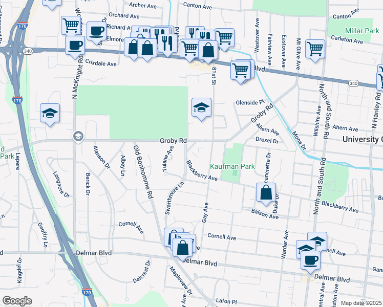 map of restaurants, bars, coffee shops, grocery stores, and more near 8136 Groby Rd in St Louis