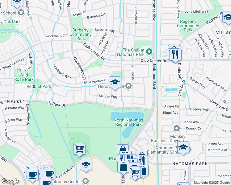 map of restaurants, bars, coffee shops, grocery stores, and more near 5151 Banfield Drive in Sacramento