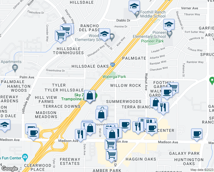 map of restaurants, bars, coffee shops, grocery stores, and more near 5524 Missie Way in Sacramento