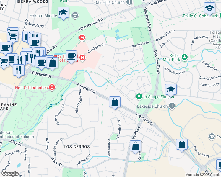 map of restaurants, bars, coffee shops, grocery stores, and more near 2304 East Bidwell Street in Folsom