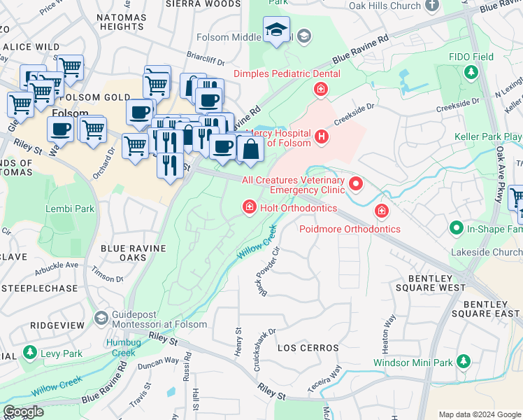 map of restaurants, bars, coffee shops, grocery stores, and more near 1574 Creekside Drive in Folsom
