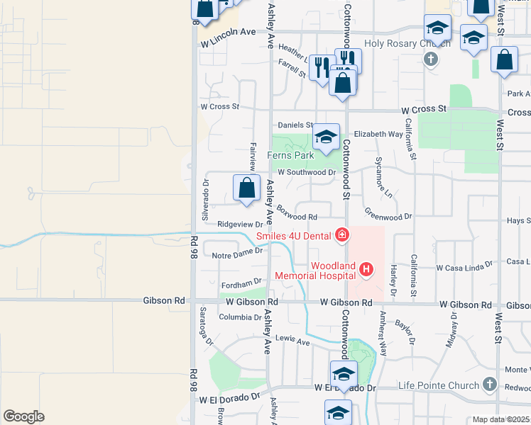 map of restaurants, bars, coffee shops, grocery stores, and more near 1104 Ashley Avenue in Woodland