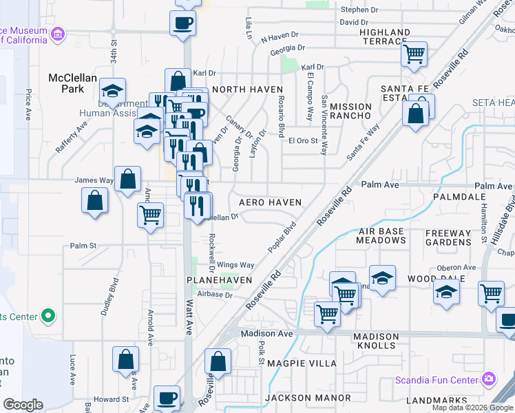 map of restaurants, bars, coffee shops, grocery stores, and more near 3693 McClellan Drive in North Highlands