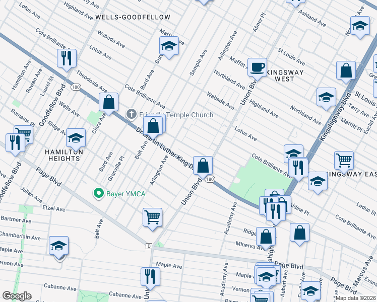 map of restaurants, bars, coffee shops, grocery stores, and more near 5336 Theodosia Avenue in St. Louis