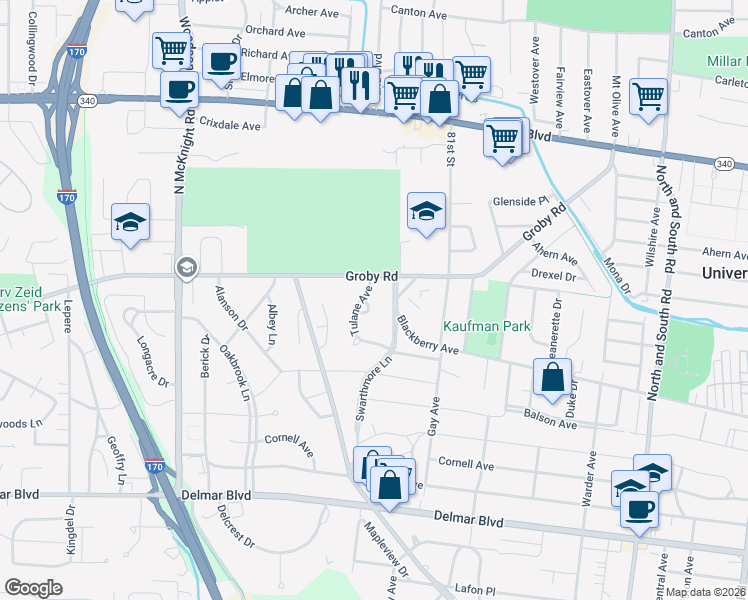 map of restaurants, bars, coffee shops, grocery stores, and more near 8270 Tulane Avenue in St. Louis