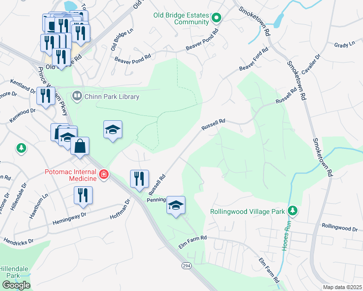 map of restaurants, bars, coffee shops, grocery stores, and more near 3718 Russell Road in Woodbridge