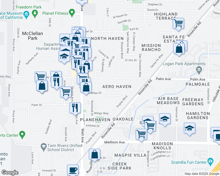 map of restaurants, bars, coffee shops, grocery stores, and more near 3689 McClellan Drive in North Highlands