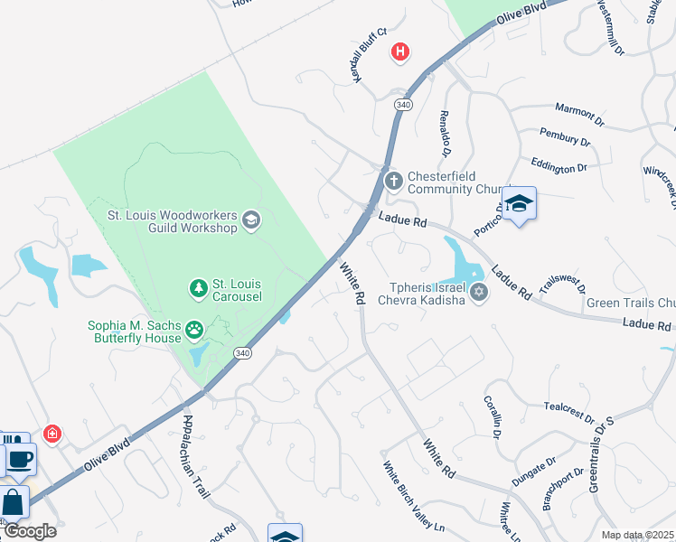 map of restaurants, bars, coffee shops, grocery stores, and more near 14701 Whitebrook Drive in Chesterfield
