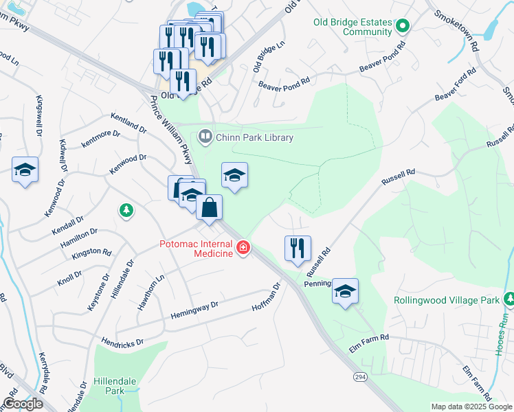 map of restaurants, bars, coffee shops, grocery stores, and more near 4060 Prince William Parkway in Woodbridge