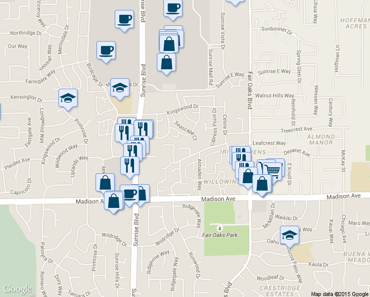 map of restaurants, bars, coffee shops, grocery stores, and more near 7982 Marsala Court in Citrus Heights