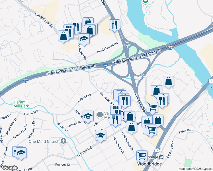 map of restaurants, bars, coffee shops, grocery stores, and more near 13114 Vineyard Way in Woodbridge