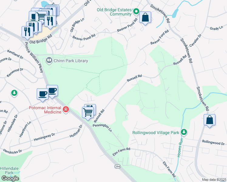map of restaurants, bars, coffee shops, grocery stores, and more near 3718 Russell Road in Woodbridge