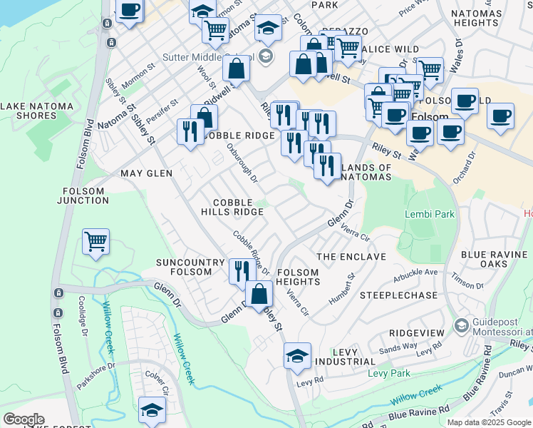 map of restaurants, bars, coffee shops, grocery stores, and more near 113 Rockbolt Circle in Folsom
