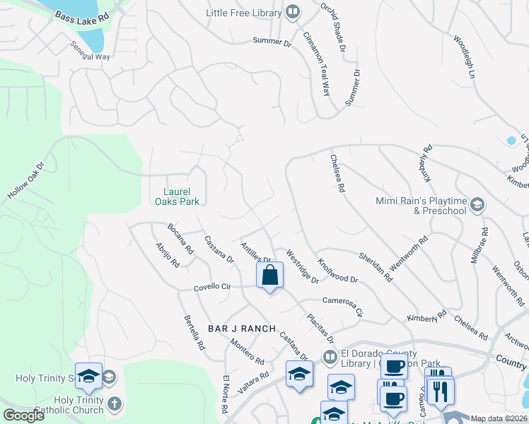 map of restaurants, bars, coffee shops, grocery stores, and more near 3857 Ziana Road in Cameron Park