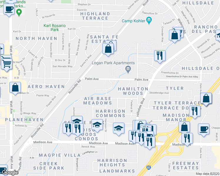 map of restaurants, bars, coffee shops, grocery stores, and more near in North Highlands
