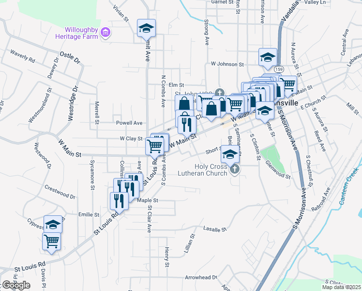 map of restaurants, bars, coffee shops, grocery stores, and more near 708 West Main Street in Collinsville
