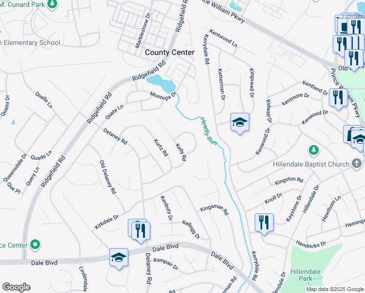 map of restaurants, bars, coffee shops, grocery stores, and more near 4793 Kelly Road in Woodbridge