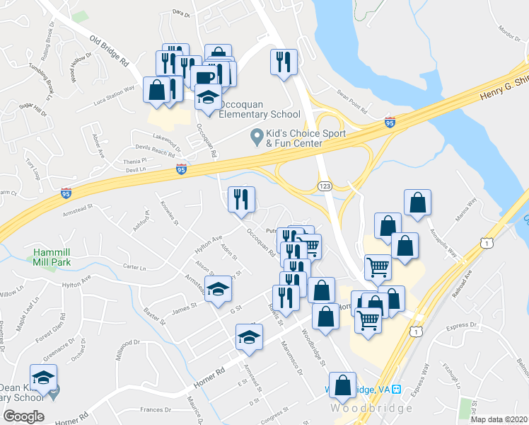 map of restaurants, bars, coffee shops, grocery stores, and more near 13114 Vineyard Way in Woodbridge