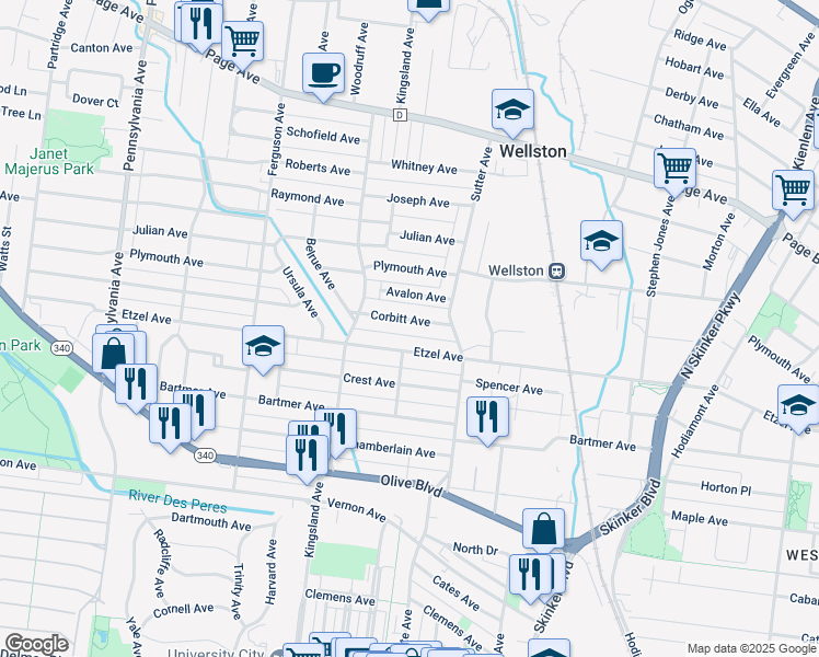 map of restaurants, bars, coffee shops, grocery stores, and more near 6547 Etzel Avenue in University City