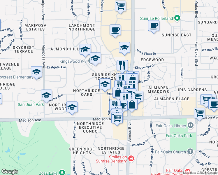 map of restaurants, bars, coffee shops, grocery stores, and more near 7807 Uplands Way in Citrus Heights