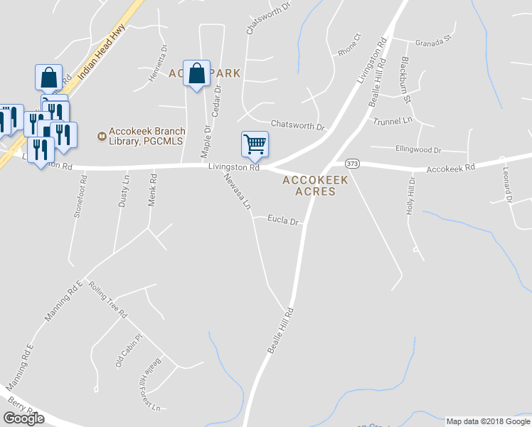 map of restaurants, bars, coffee shops, grocery stores, and more near 704 Eucla Drive in Waldorf