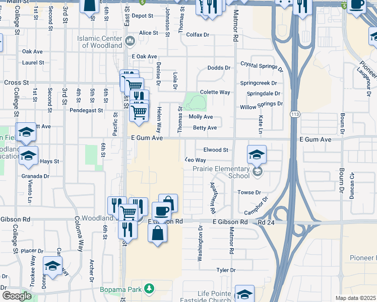map of restaurants, bars, coffee shops, grocery stores, and more near 1325 Leo Way in Woodland