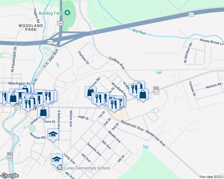 map of restaurants, bars, coffee shops, grocery stores, and more near 51 O Flinn Street in Luray