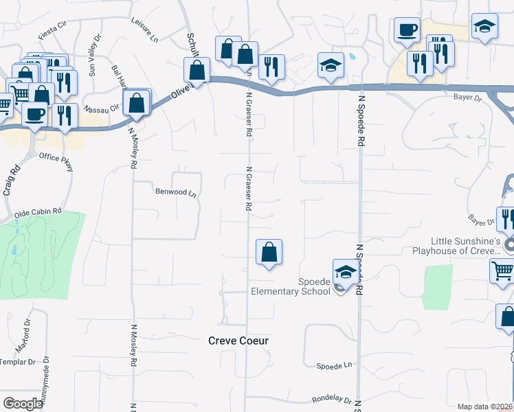 map of restaurants, bars, coffee shops, grocery stores, and more near 10955 Chalet Court in Creve Coeur